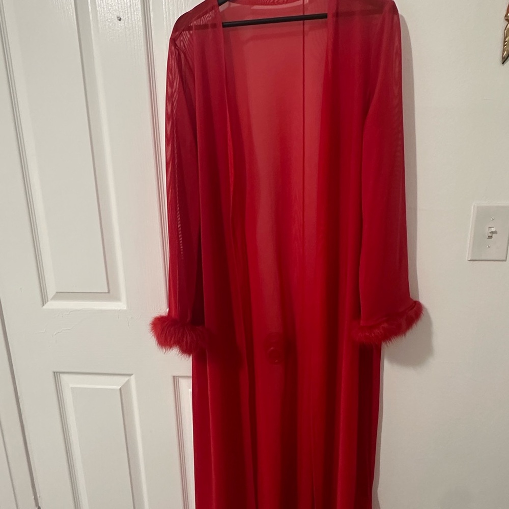 Elegant Red Sheer Robe with Fur Trim